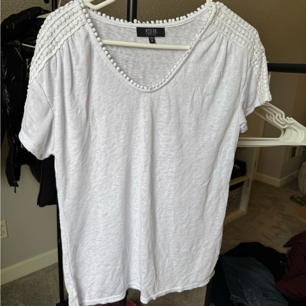 Modern Lux White Short Sleeve Top with Shoulder Detailing
